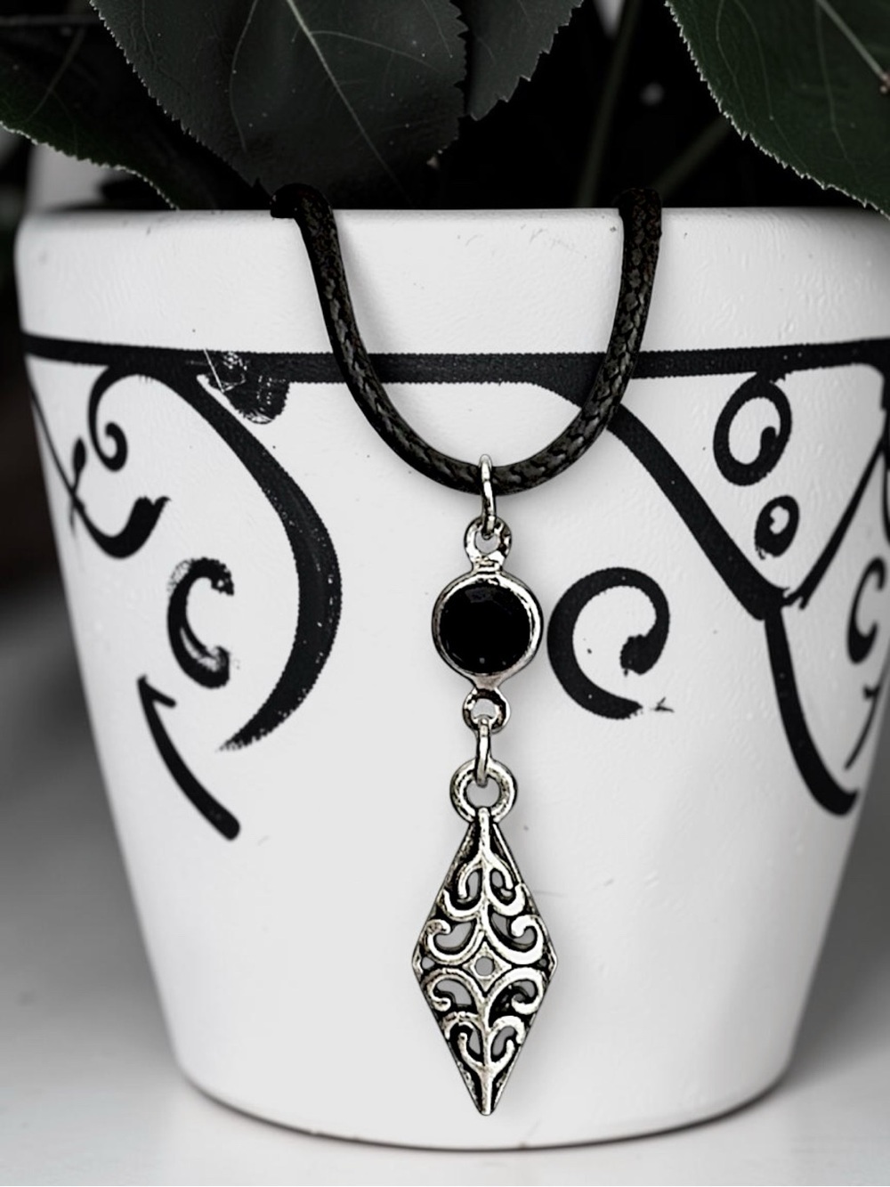 5 For $25💫Silver Filigree Diamond Necklace Pendant With Black Acrylic Gem Accent